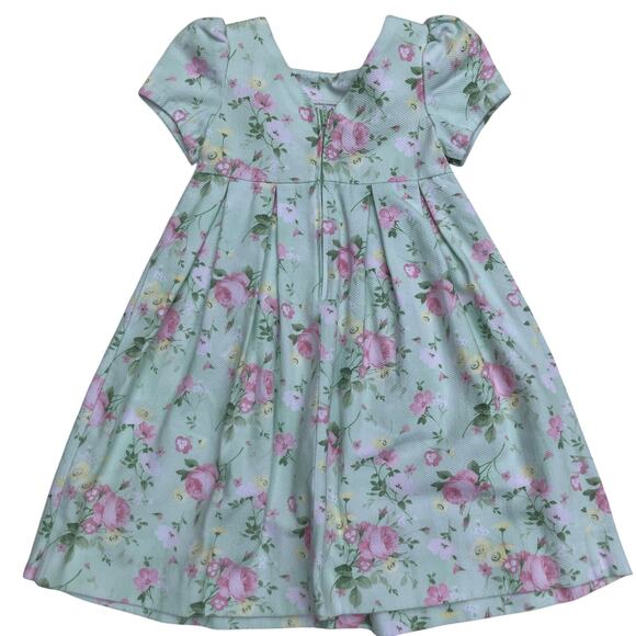 VTG 90s Hartstrings Dress Girls 4 Cap Sleeve Green Pastel Floral Easter Spring - Picture 5 of 9